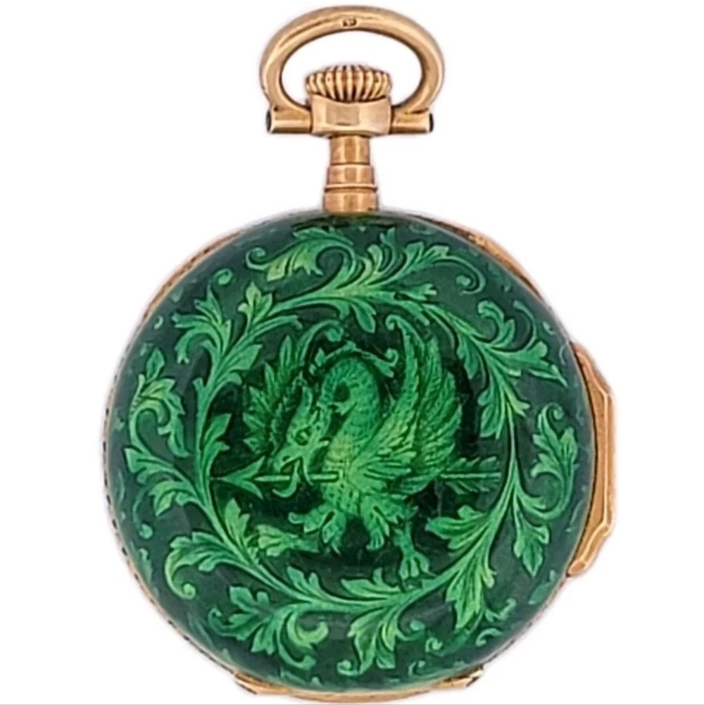Patek Philippe 18k Gold Enamel Griffin Pocket Watch Pendant Boxed Certificate
